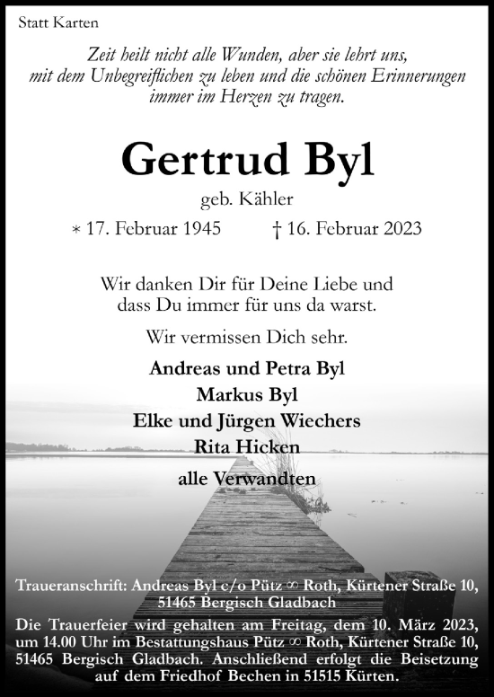 Anzeige von Gertrud Byl von  Bergisches Handelsblatt 