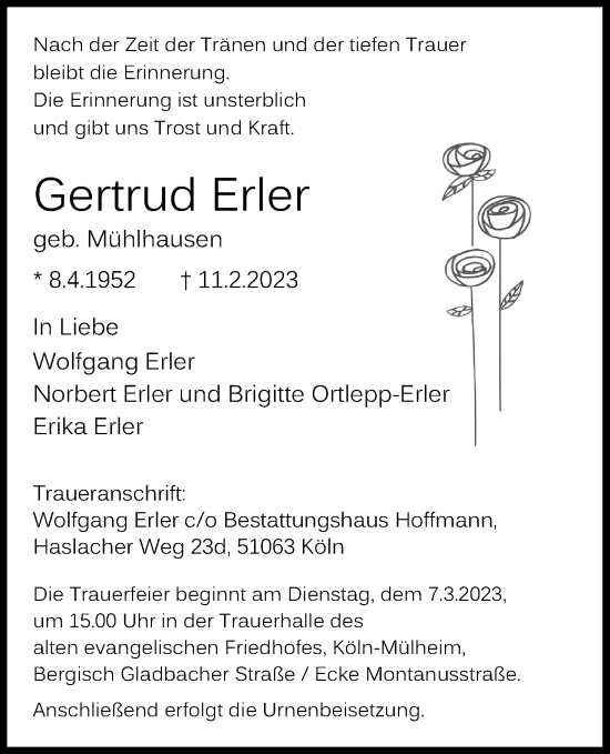 Anzeige von Gertrud Erler von Kölner Stadt-Anzeiger / Kölnische Rundschau / Express
