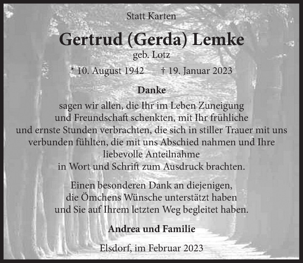  Traueranzeige für Gertrud Lemke vom 24.02.2023 aus  Werbepost 