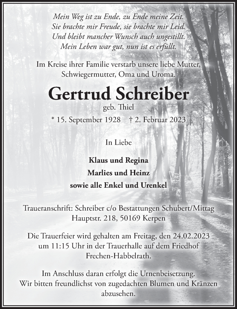  Traueranzeige für Gertrud Schreiber vom 17.02.2023 aus  Wochenende 