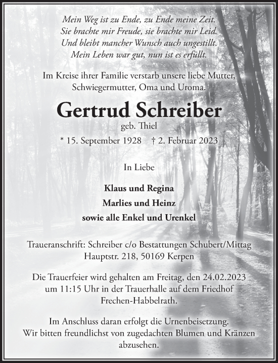 Anzeige von Gertrud Schreiber von  Wochenende 