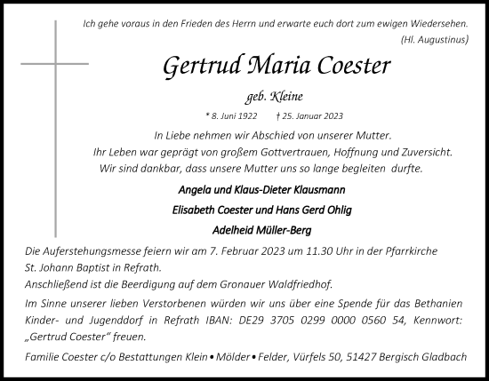 Anzeige von Gertrud Maria Coester von Kölner Stadt-Anzeiger / Kölnische Rundschau / Express