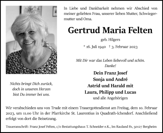 Anzeige von Gertrud Maria Felten von Kölner Stadt-Anzeiger / Kölnische Rundschau / Express