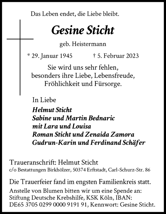 Anzeige von Gesine Sticht von Kölner Stadt-Anzeiger / Kölnische Rundschau / Express