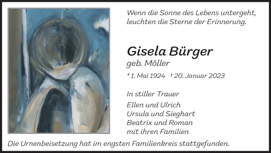 Anzeige von Gisela Bürger von Kölner Stadt-Anzeiger / Kölnische Rundschau / Express