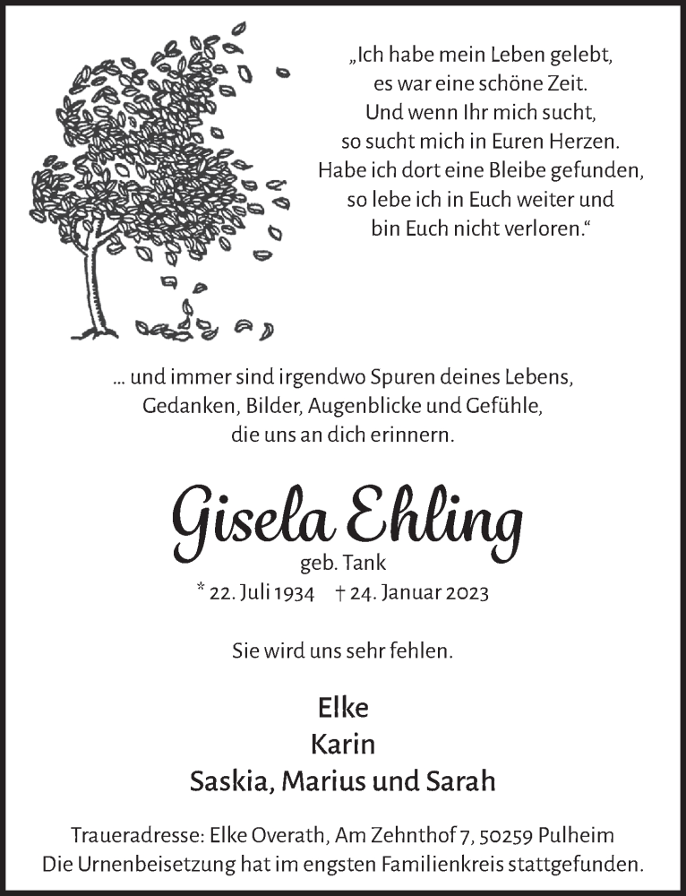  Traueranzeige für Gisela Ehling vom 10.02.2023 aus  Werbepost 
