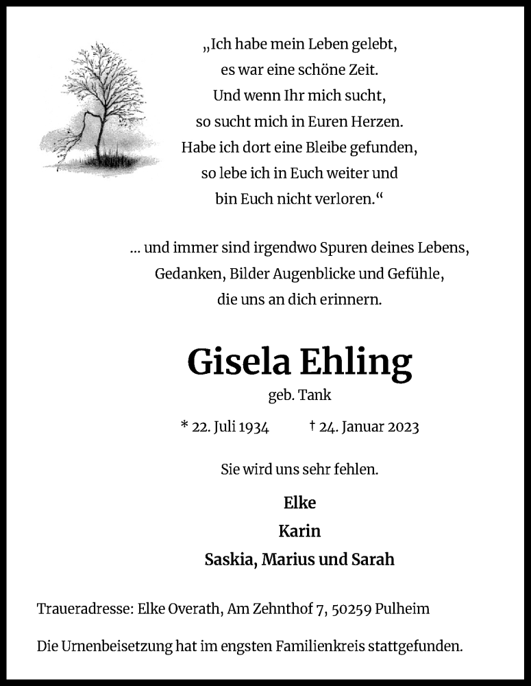  Traueranzeige für Gisela Ehling vom 11.02.2023 aus Kölner Stadt-Anzeiger / Kölnische Rundschau / Express