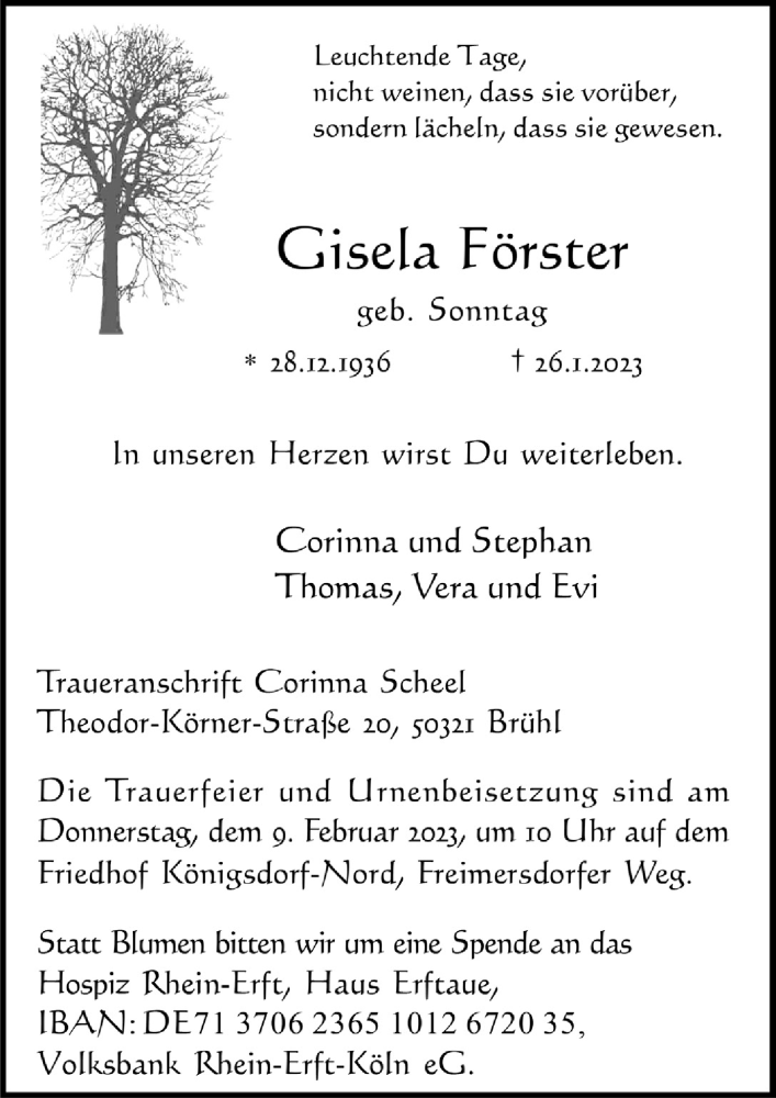  Traueranzeige für Gisela Förster vom 03.02.2023 aus  Wochenende 