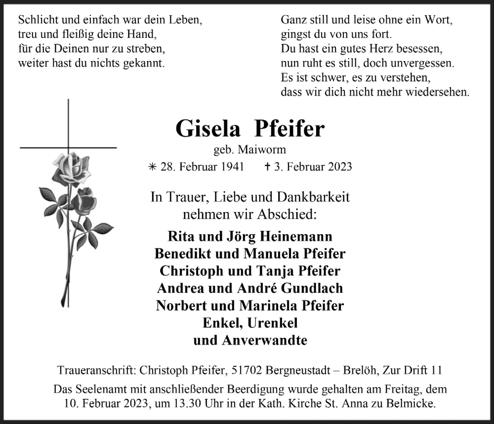  Traueranzeige für Gisela Pfeifer vom 10.02.2023 aus  Anzeigen Echo 