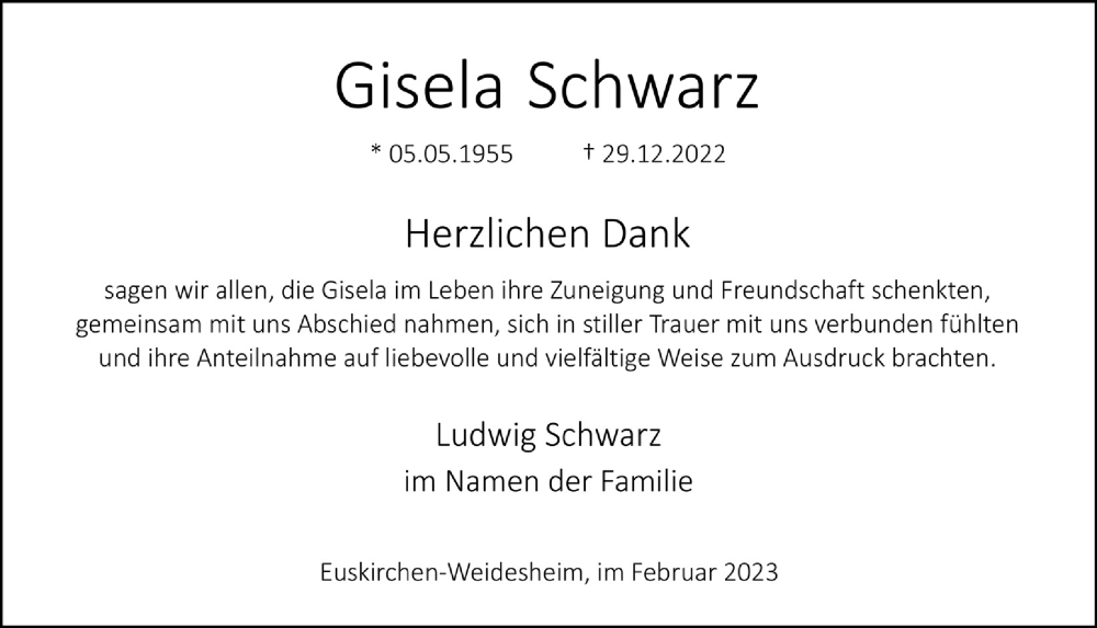  Traueranzeige für Gisela Schwarz vom 25.02.2023 aus  Blickpunkt Euskirchen 
