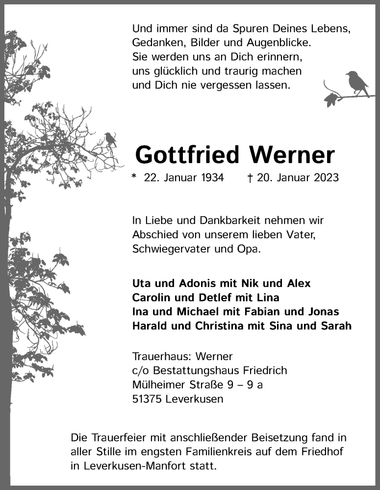  Traueranzeige für Gottfried Werner vom 18.02.2023 aus Kölner Stadt-Anzeiger / Kölnische Rundschau / Express