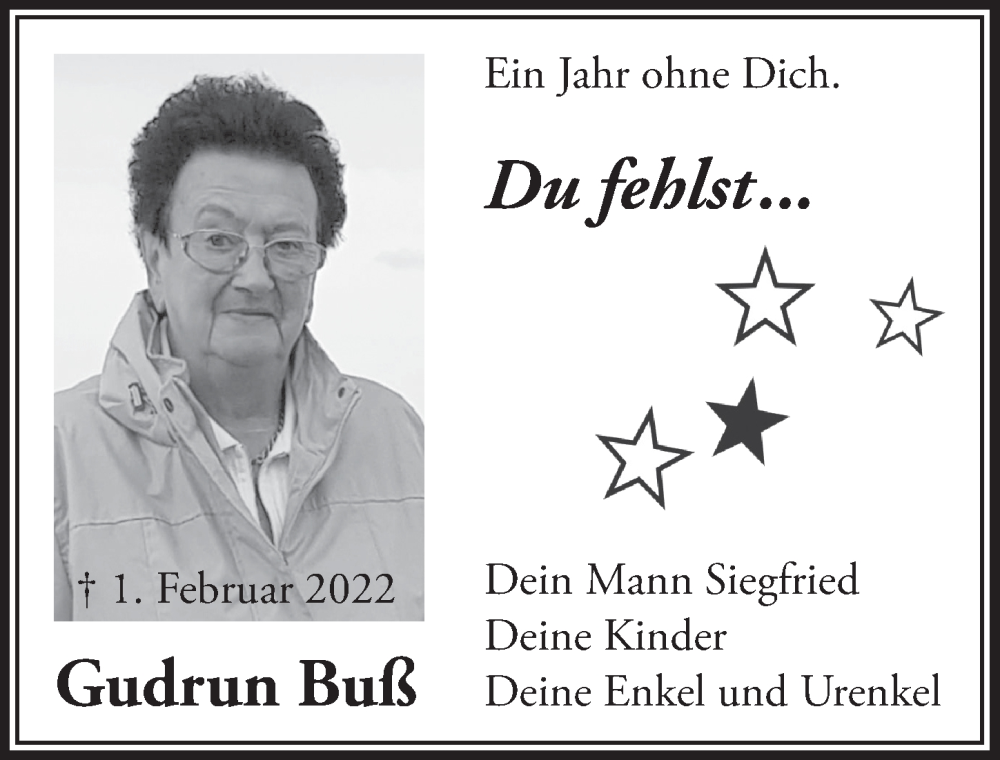  Traueranzeige für Gudrun Buß vom 03.02.2023 aus  Anzeigen Echo 