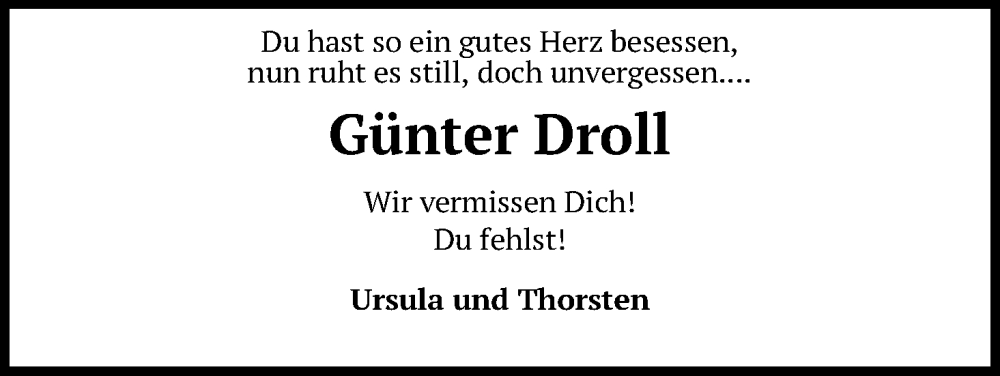  Traueranzeige für Günter Droll vom 04.02.2023 aus Kölner Stadt-Anzeiger / Kölnische Rundschau / Express