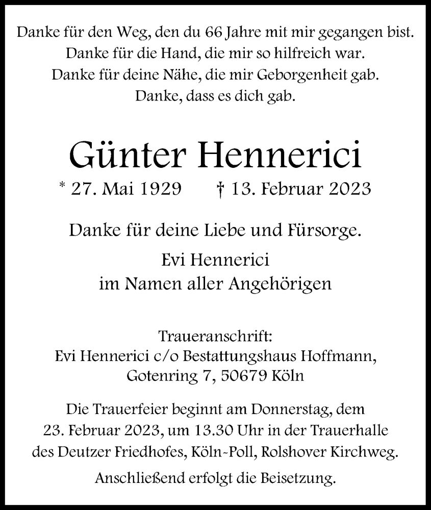 Traueranzeige für Günter Hennerici vom 18.02.2023 aus Kölner Stadt-Anzeiger / Kölnische Rundschau / Express