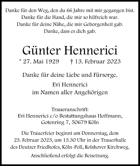 Anzeige von Günter Hennerici von Kölner Stadt-Anzeiger / Kölnische Rundschau / Express