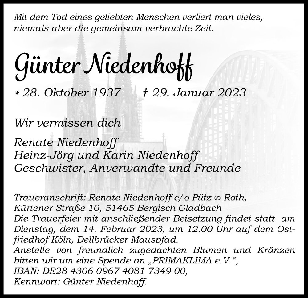  Traueranzeige für Günter Niedenhoff vom 04.02.2023 aus Kölner Stadt-Anzeiger / Kölnische Rundschau / Express