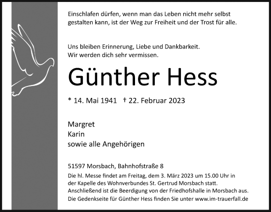 Anzeige von Günther Hess von Kölner Stadt-Anzeiger / Kölnische Rundschau / Express