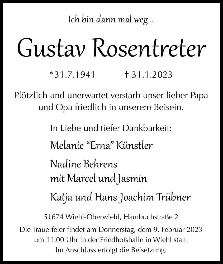  Traueranzeige für Gustav Rosentreter vom 04.02.2023 aus Kölner Stadt-Anzeiger / Kölnische Rundschau / Express