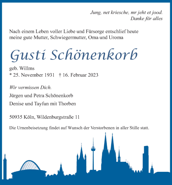 Anzeige von Gusti Schönenkorb von Kölner Stadt-Anzeiger / Kölnische Rundschau / Express