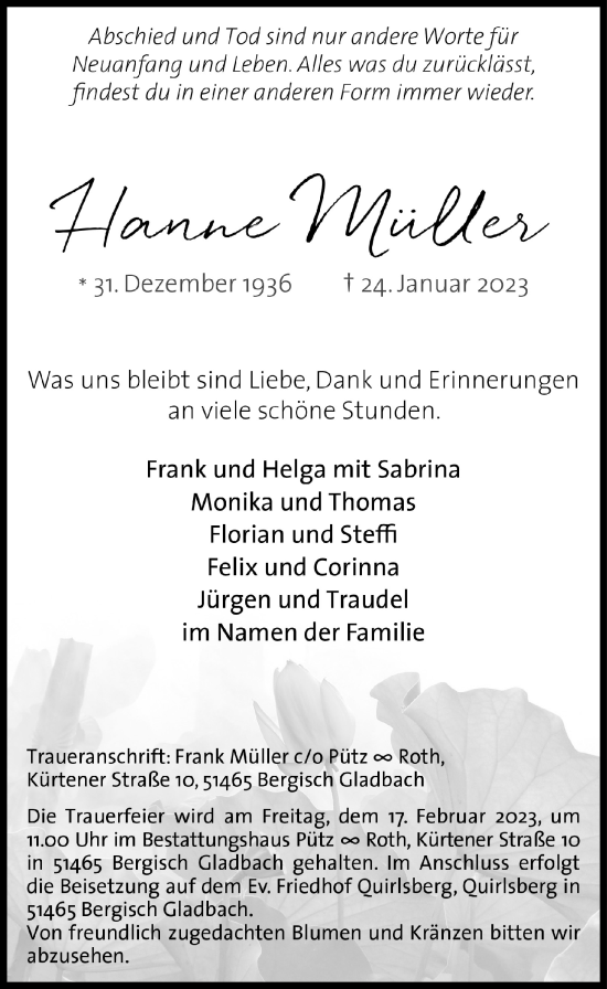 Anzeige von Hanne Müller von  Bergisches Handelsblatt 