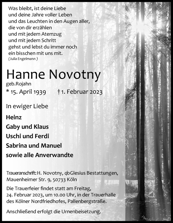 Anzeige von Hanne Novotny von Kölner Stadt-Anzeiger / Kölnische Rundschau / Express