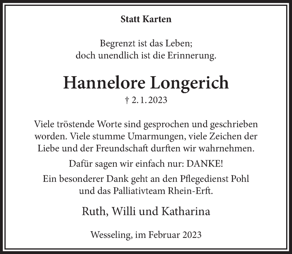  Traueranzeige für Hannelore Longerich vom 03.02.2023 aus  Schlossbote/Werbekurier 
