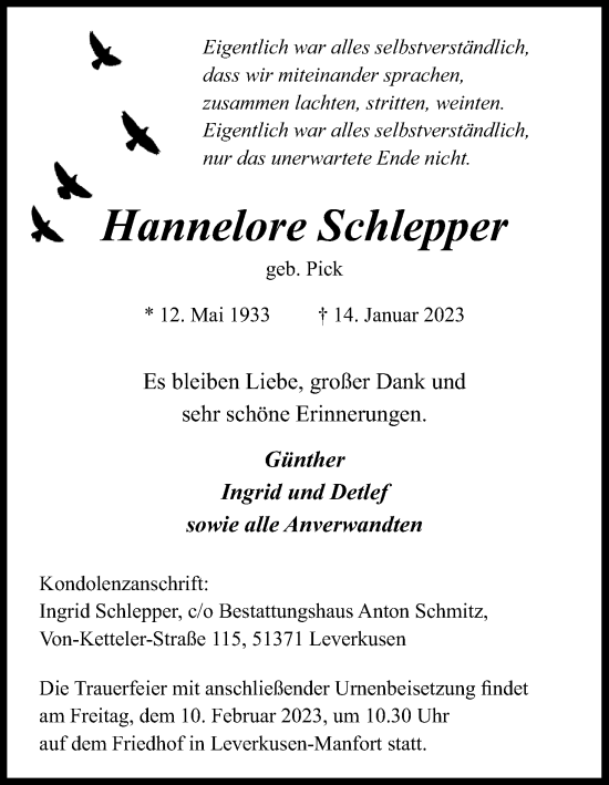 Anzeige von Hannelore Schlepper von Kölner Stadt-Anzeiger / Kölnische Rundschau / Express