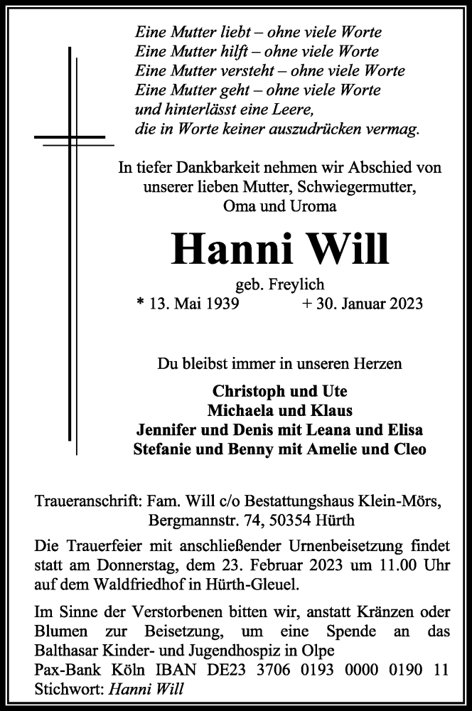  Traueranzeige für Hanni Will vom 18.02.2023 aus Kölner Stadt-Anzeiger / Kölnische Rundschau / Express