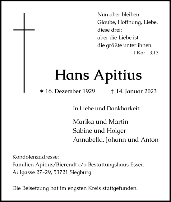 Anzeige von Hans Apitius von Kölner Stadt-Anzeiger / Kölnische Rundschau / Express