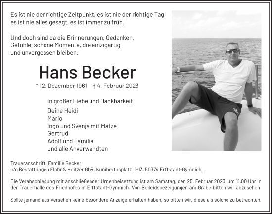Anzeige von Hans Becker von  Werbepost 
