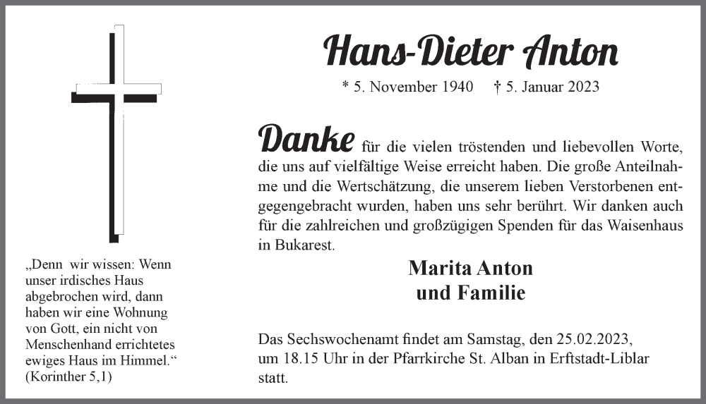  Traueranzeige für Hans-Dieter Anton vom 17.02.2023 aus  Werbepost 