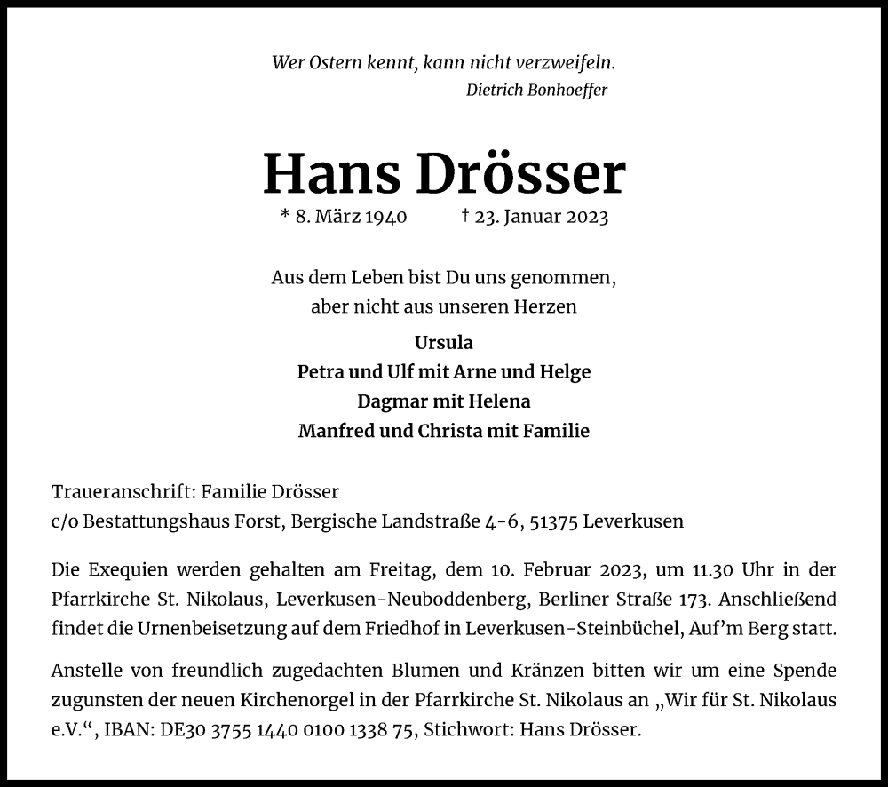  Traueranzeige für Hans Drösser vom 04.02.2023 aus Kölner Stadt-Anzeiger / Kölnische Rundschau / Express