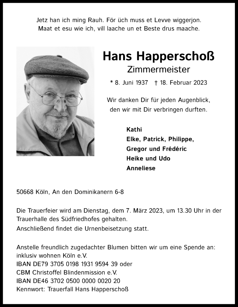  Traueranzeige für Hans Happerschoß vom 01.03.2023 aus Kölner Stadt-Anzeiger / Kölnische Rundschau / Express