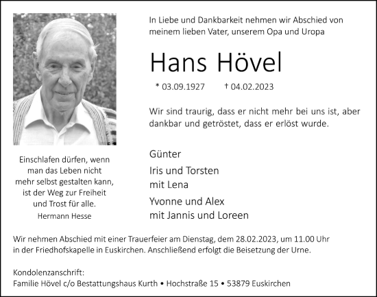 Anzeige von Hans Hövel von  Blickpunkt Euskirchen 