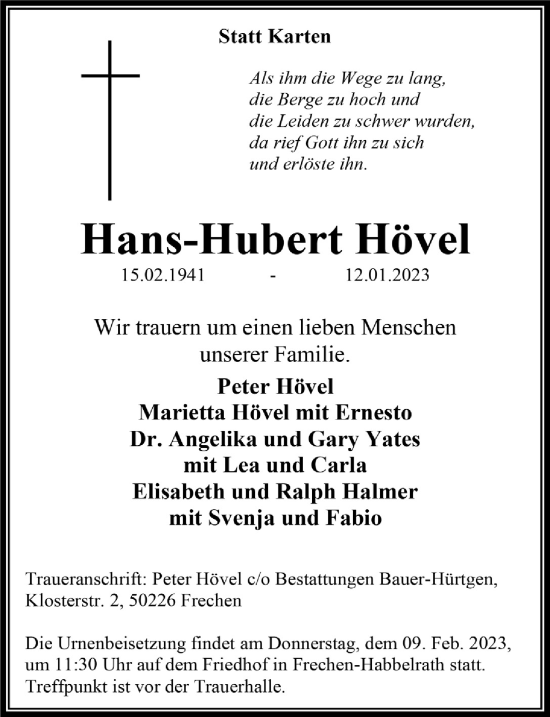 Anzeige von Hans-Hubert Hövel von  Wochenende 