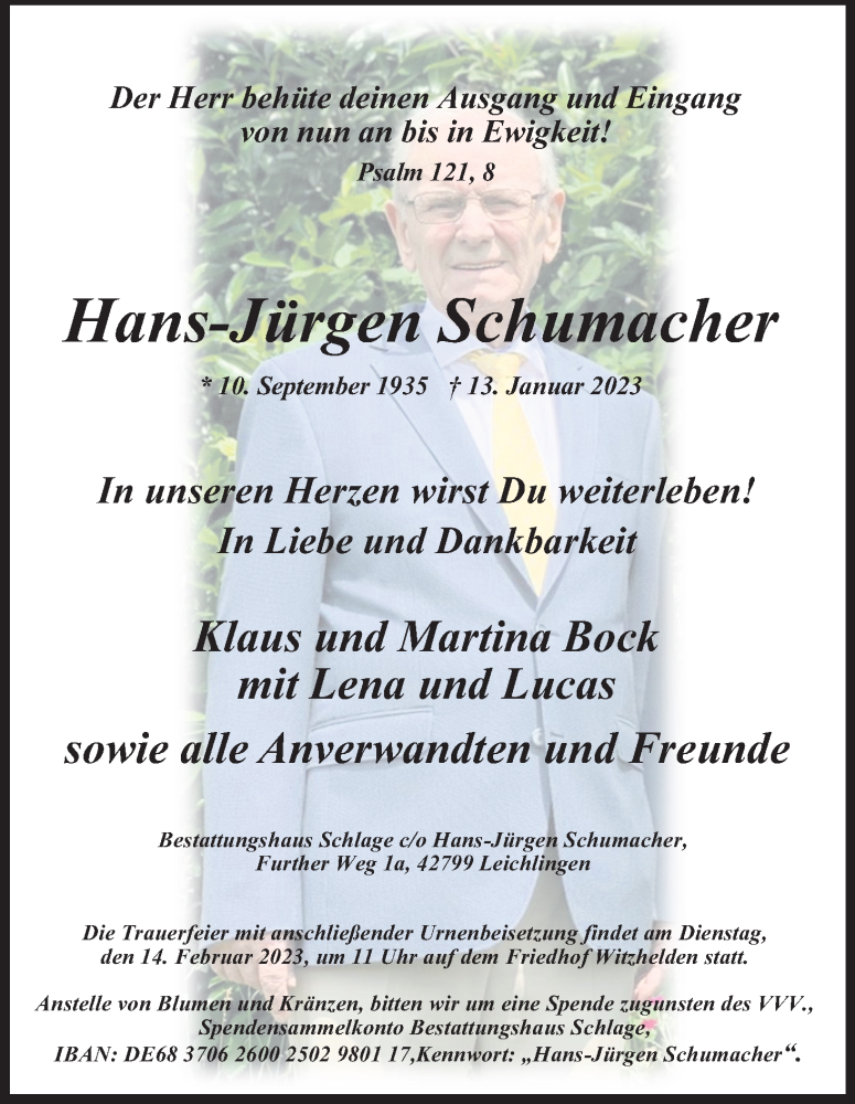  Traueranzeige für Hans-Jürgen Schumacher vom 04.02.2023 aus Kölner Stadt-Anzeiger / Kölnische Rundschau / Express