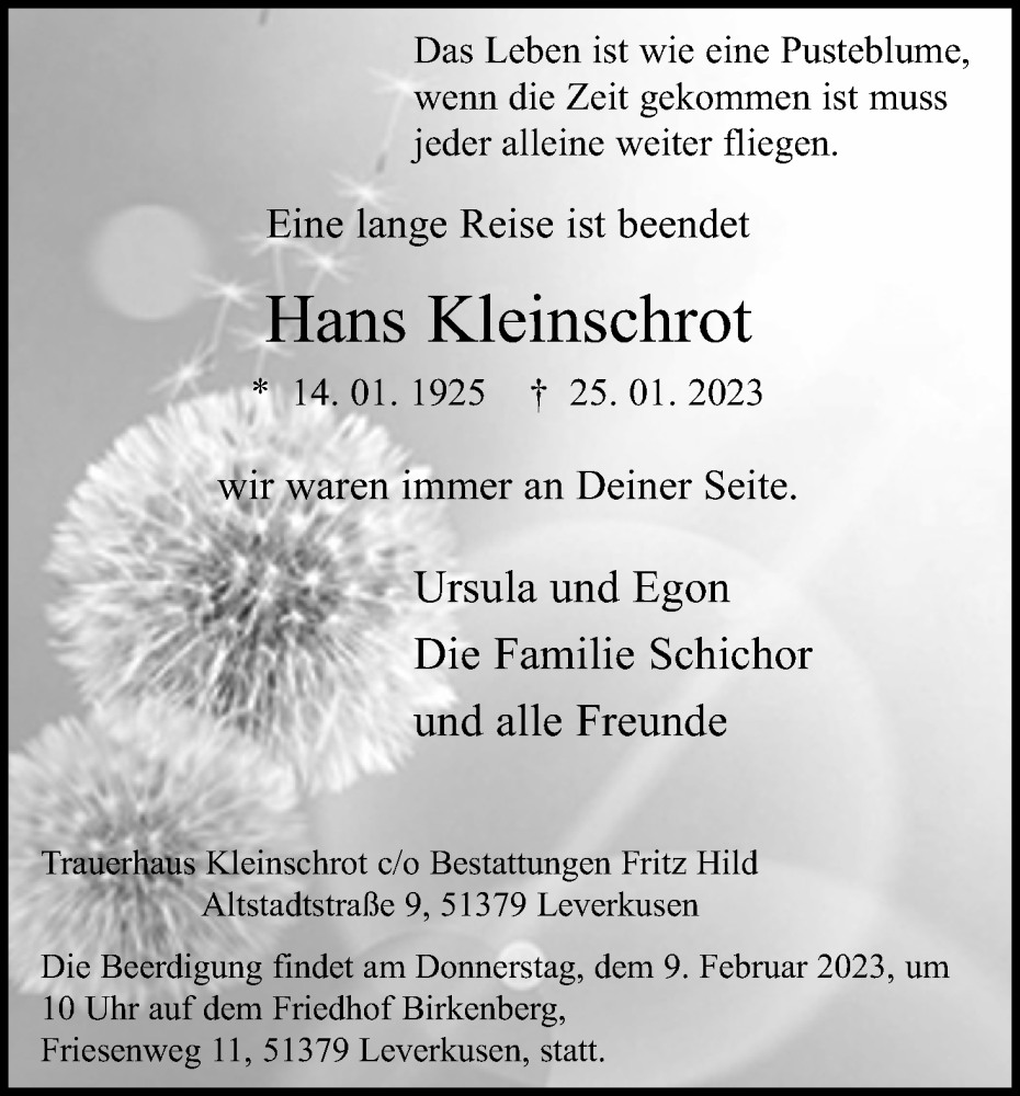  Traueranzeige für Hans Kleinschrot vom 04.02.2023 aus Kölner Stadt-Anzeiger / Kölnische Rundschau / Express