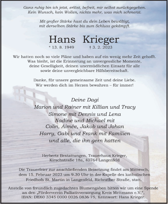 Anzeige von Hans Krieger von  Lokale Informationen 