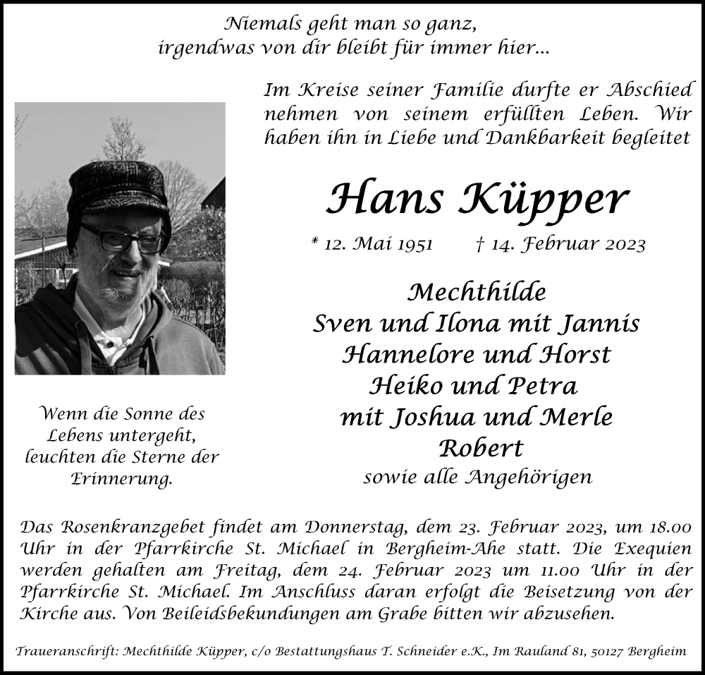  Traueranzeige für Hans Küpper vom 18.02.2023 aus Kölner Stadt-Anzeiger / Kölnische Rundschau / Express