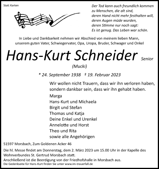 Anzeige von Hans-Kurt Schneider von Kölner Stadt-Anzeiger / Kölnische Rundschau / Express