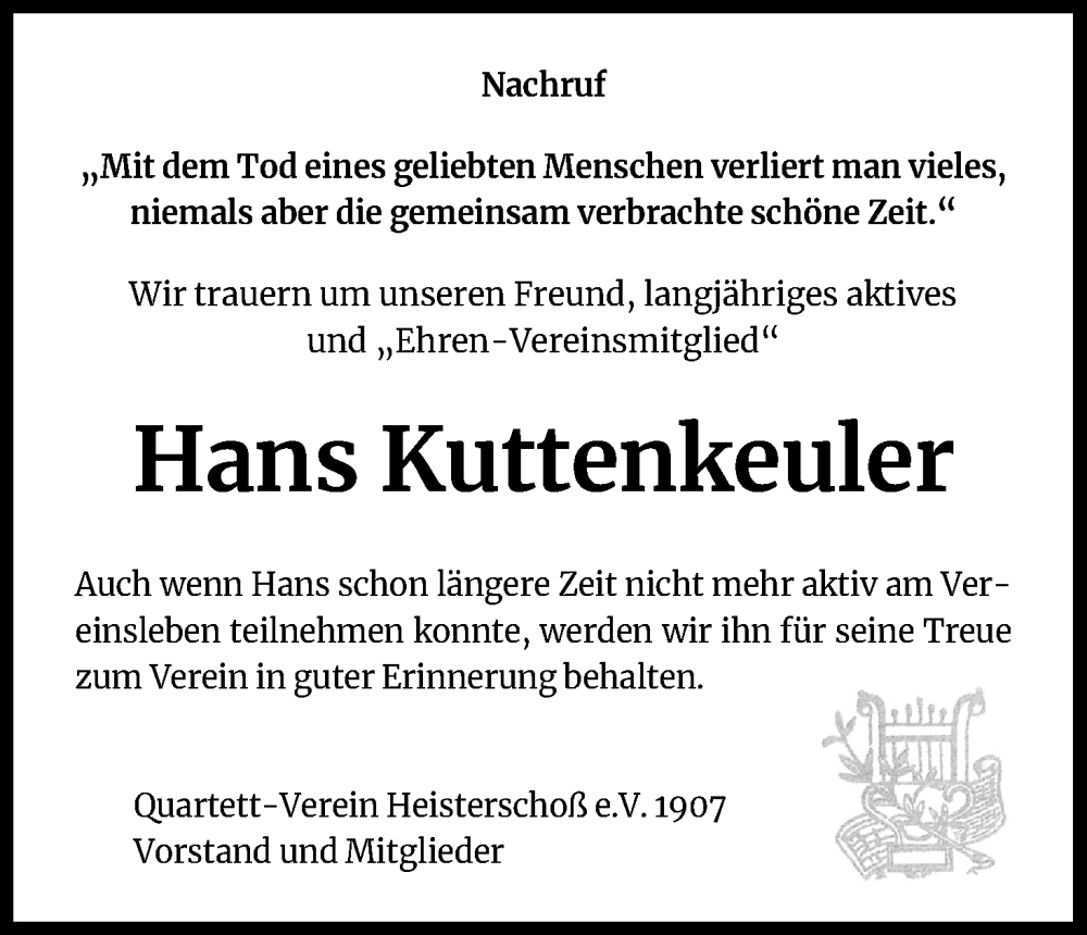  Traueranzeige für Hans Kuttenkeuler vom 25.02.2023 aus Kölner Stadt-Anzeiger / Kölnische Rundschau / Express