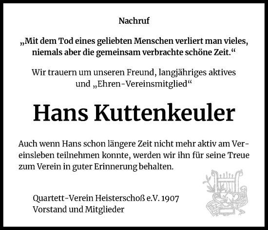 Anzeige von Hans Kuttenkeuler von Kölner Stadt-Anzeiger / Kölnische Rundschau / Express