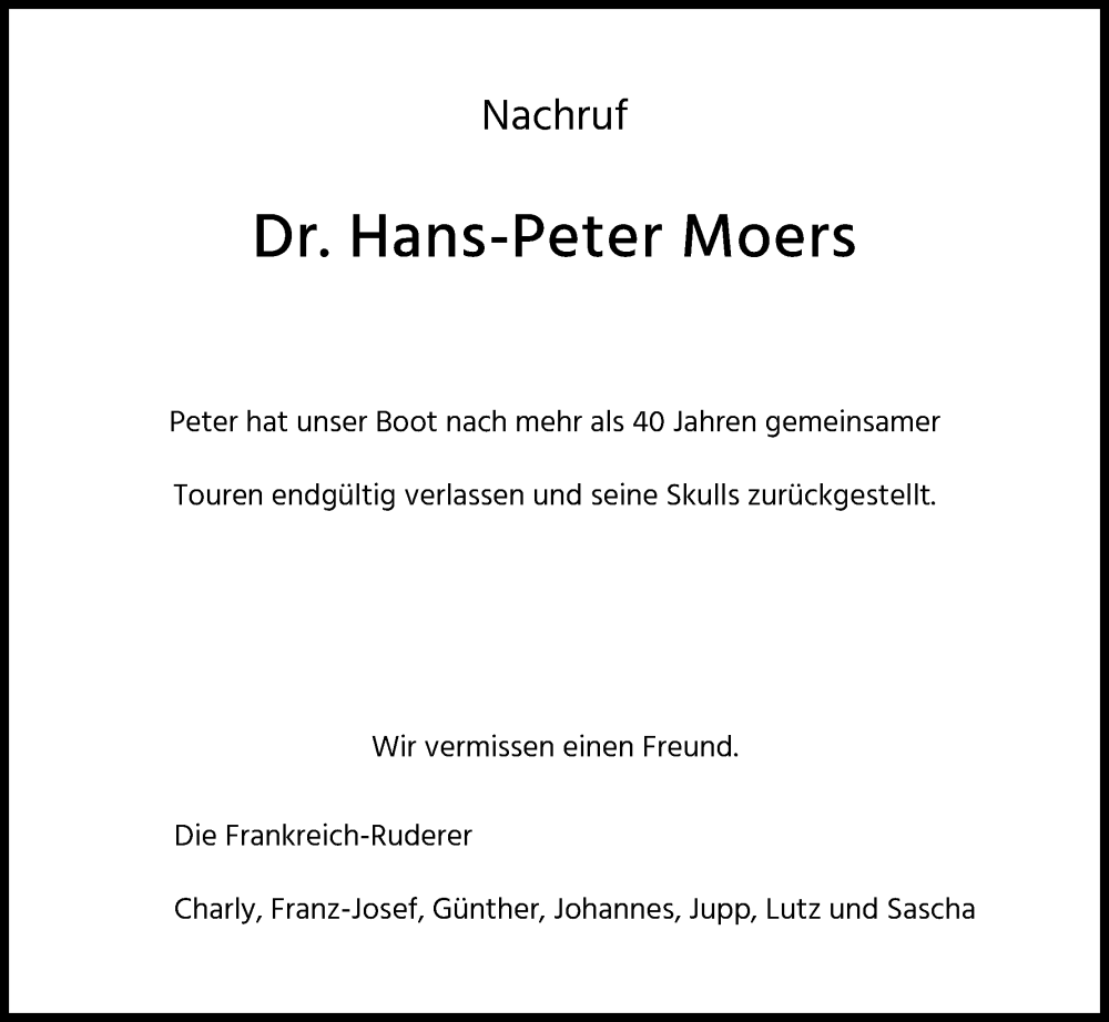  Traueranzeige für Hans-Peter Moers vom 11.02.2023 aus Kölner Stadt-Anzeiger / Kölnische Rundschau / Express
