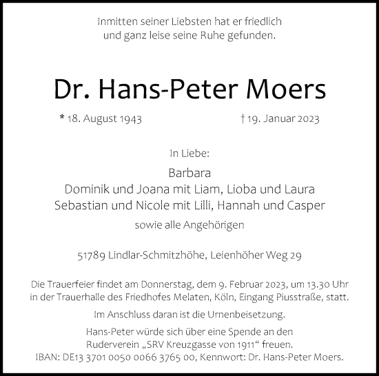 Anzeige von Hans-Peter Moers von Kölner Stadt-Anzeiger / Kölnische Rundschau / Express