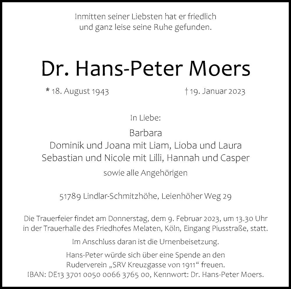  Traueranzeige für Hans-Peter Moers vom 04.02.2023 aus Kölner Stadt-Anzeiger / Kölnische Rundschau / Express
