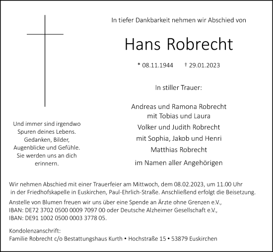 Anzeige von Hans Robrecht von Kölner Stadt-Anzeiger / Kölnische Rundschau / Express