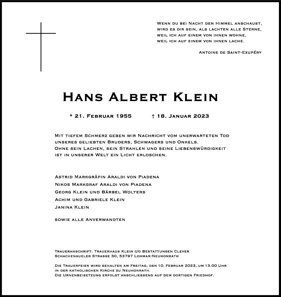 Traueranzeige für Hans Albert Klein vom 04.02.2023 aus Kölner Stadt-Anzeiger / Kölnische Rundschau / Express