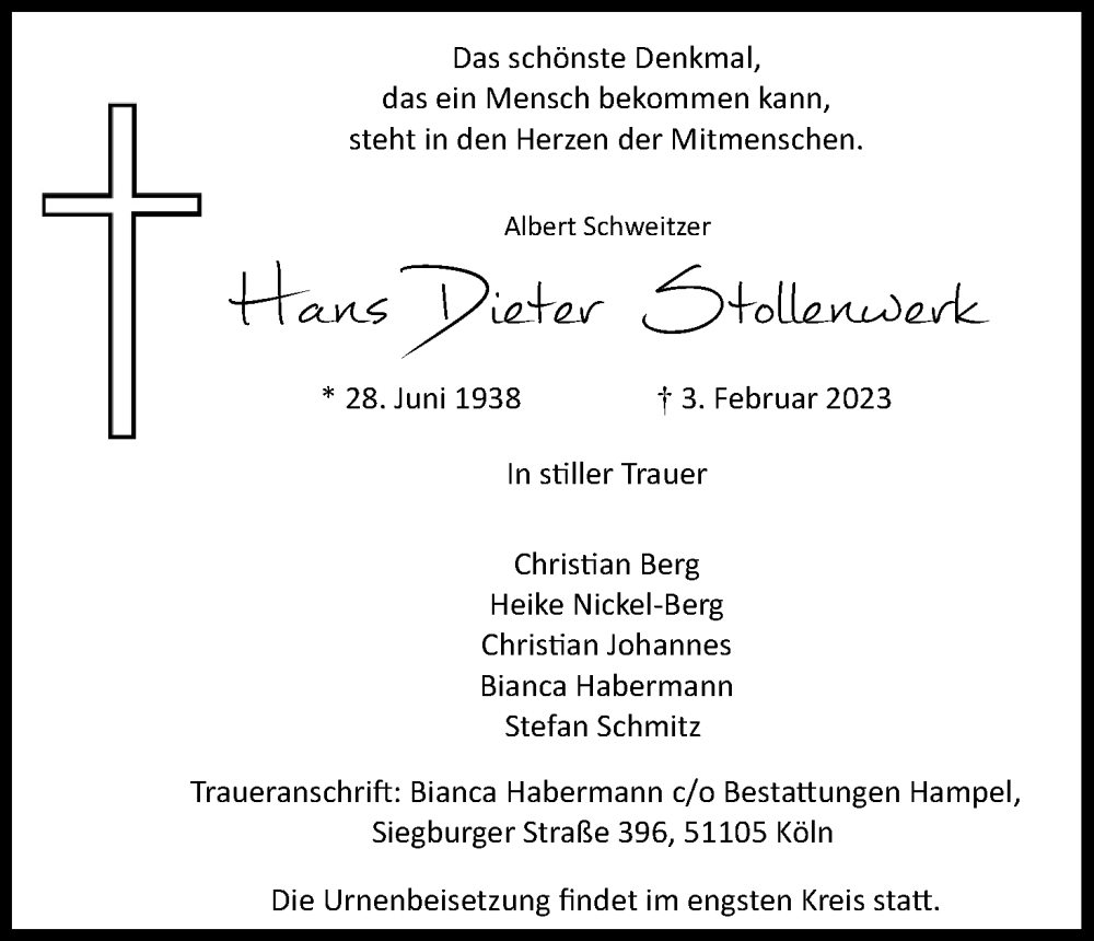  Traueranzeige für Hans Dieter Stollenwerk vom 18.02.2023 aus Kölner Stadt-Anzeiger / Kölnische Rundschau / Express