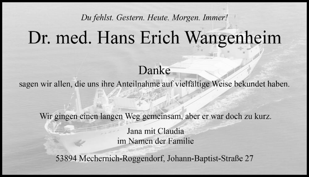  Traueranzeige für Hans Erich Wangenheim vom 18.02.2023 aus  Blickpunkt Euskirchen 