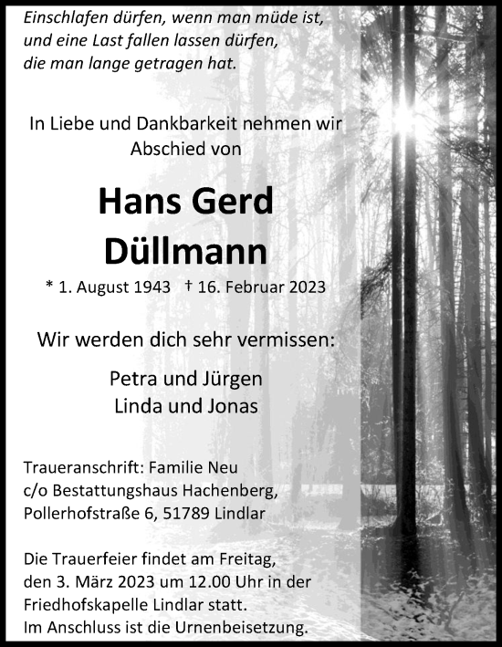 Anzeige von Hans Gerd Düllmann von Kölner Stadt-Anzeiger / Kölnische Rundschau / Express